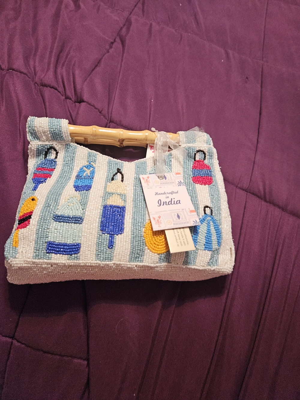 Handcrafted Beaded Bamboo-Handle Clutch - Blue & Multi